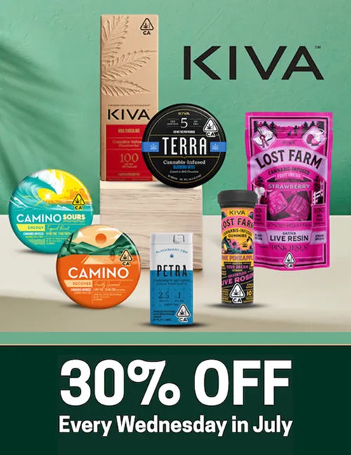 Kiva 30% off promotion every Wednesday in July